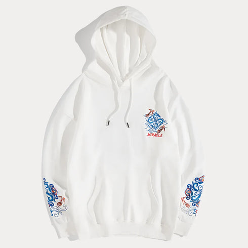 Spring Sukajan Cotton floral embroidery sweatshirt with hooded collar and knit craft design.